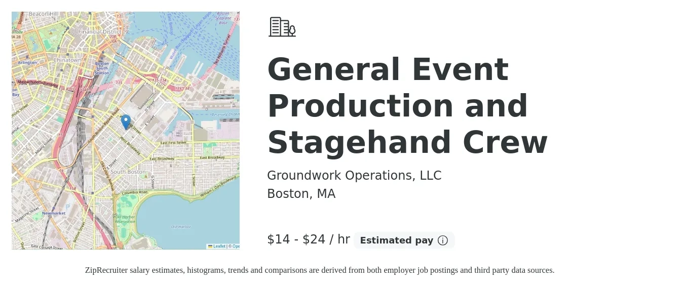 Groundwork Operations, LLC job posting for a General Event Production and Stagehand Crew in Boston, MA with a salary of $15 to $25 Hourly with a map of Boston location.