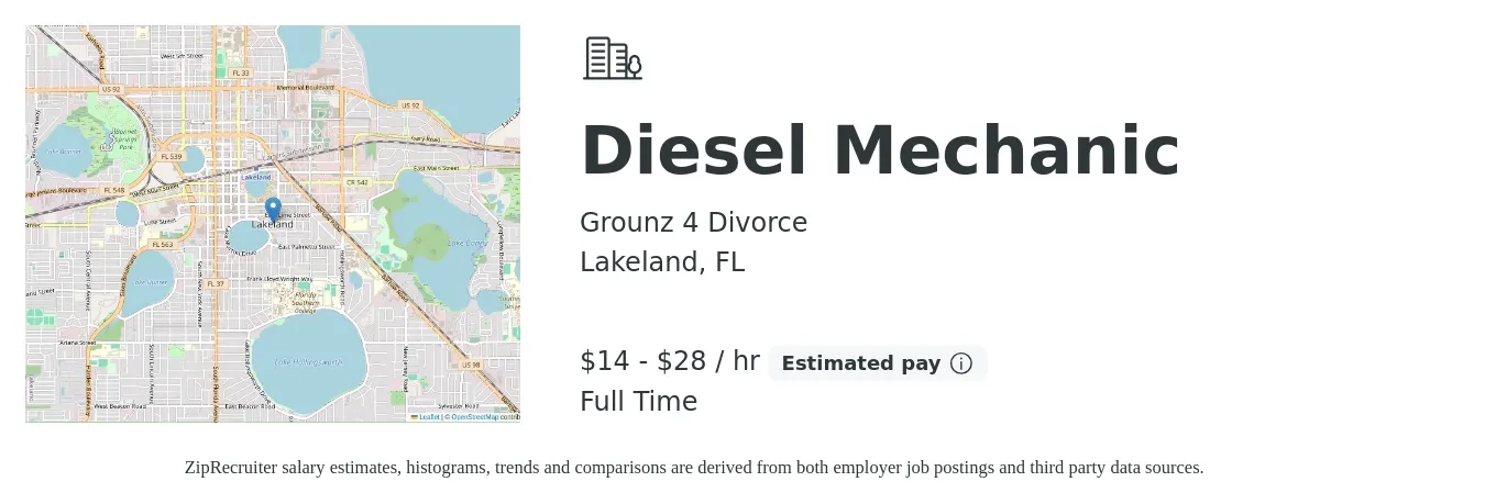 Grounz 4 Divorce job posting for a Diesel Mechanic in Lakeland, FL with a salary of $15 to $30 Hourly with a map of Lakeland location.