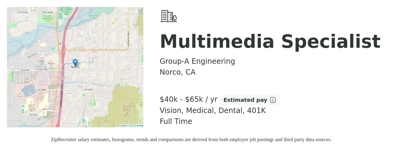Group-A Engineering job posting for a Multimedia Specialist in Norco, CA with a salary of $40,000 to $65,000 Yearly and benefits including medical, vision, 401k, and dental with a map of Norco location.