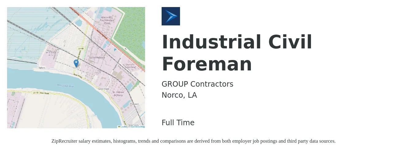 GROUP Contractors job posting for a Industrial Civil Foreman in Norco, LA with a salary of $26 to $36 Hourly with a map of Norco location.