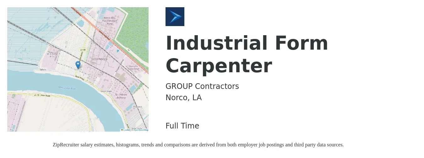 GROUP Contractors job posting for a Industrial Form Carpenter in Norco, LA with a salary of $22 to $27 Hourly with a map of Norco location.