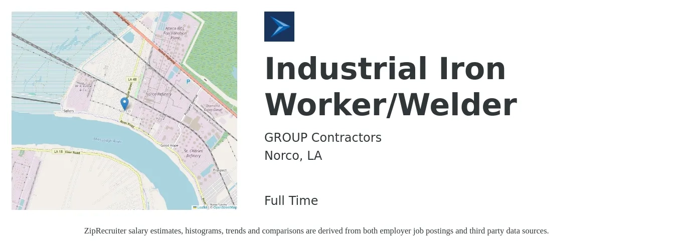 GROUP Contractors job posting for a Industrial Iron Worker/Welder in Norco, LA with a salary of $24 to $32 Hourly with a map of Norco location.