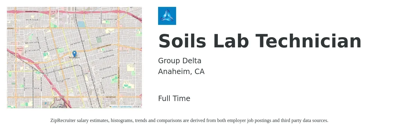Group Delta job posting for a Soils Lab Technician in Anaheim, CA with a salary of $20 to $26 Hourly with a map of Anaheim location.
