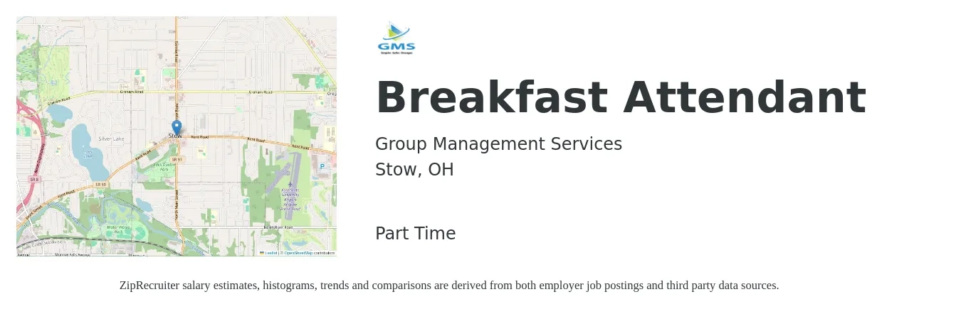 Group Management Services job posting for a Breakfast Attendant in Stow, OH with a salary of $12 to $14 Hourly with a map of Stow location.