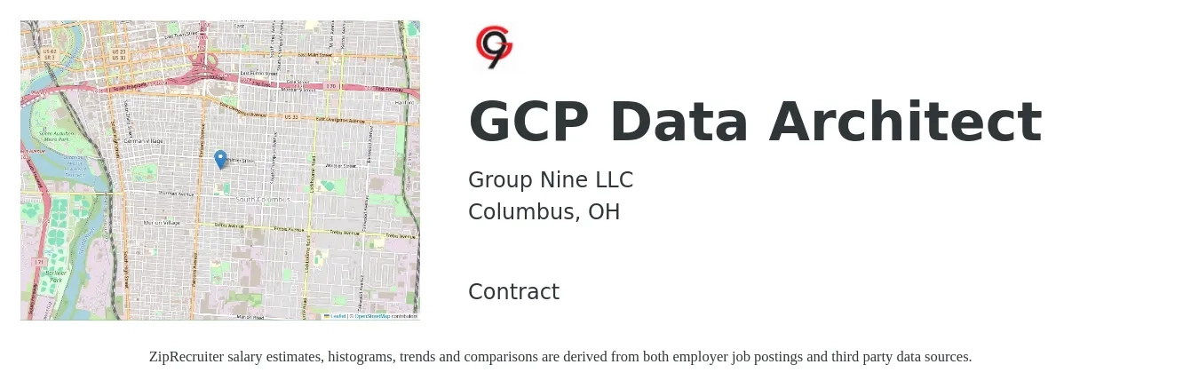 Group Nine LLC job posting for a GCP Data Architect in Columbus, OH with a salary of $62 to $79 Hourly with a map of Columbus location.