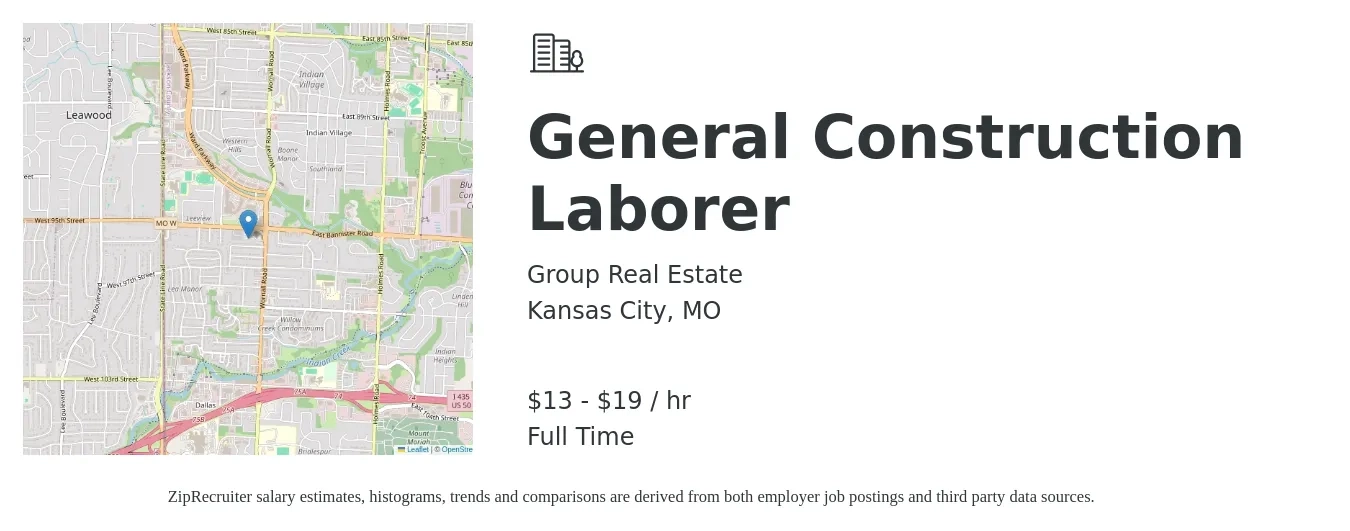 Group Real Estate job posting for a General Construction Laborer in Kansas City, MO with a salary of $14 to $20 Hourly with a map of Kansas City location.