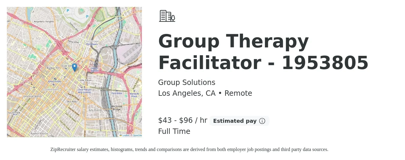 Group Solutions job posting for a Group Therapy Facilitator - 1953805 in Los Angeles, CA with a salary of $45 to $100 Hourly with a map of Los Angeles location.