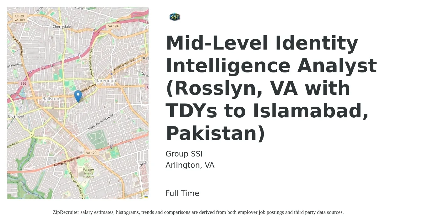 Group SSI job posting for a Mid-Level Identity Intelligence Analyst (Rosslyn, VA with TDYs to Islamabad, Pakistan) in Arlington, VA with a salary of $88,700 to $138,800 Yearly with a map of Arlington location.