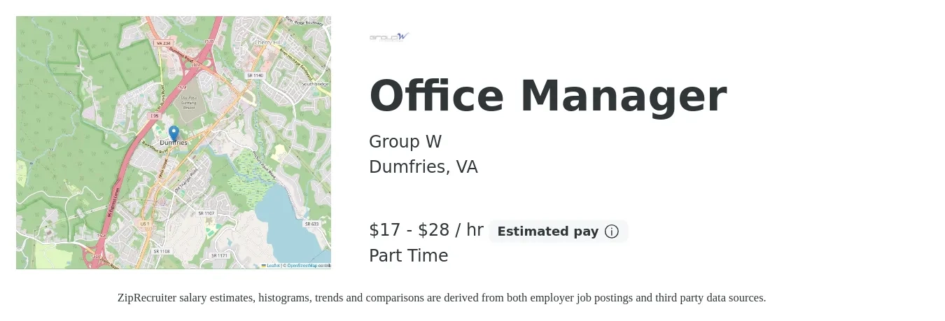 Group W job posting for a Office Manager in Dumfries, VA with a salary of $18 to $30 Hourly with a map of Dumfries location.