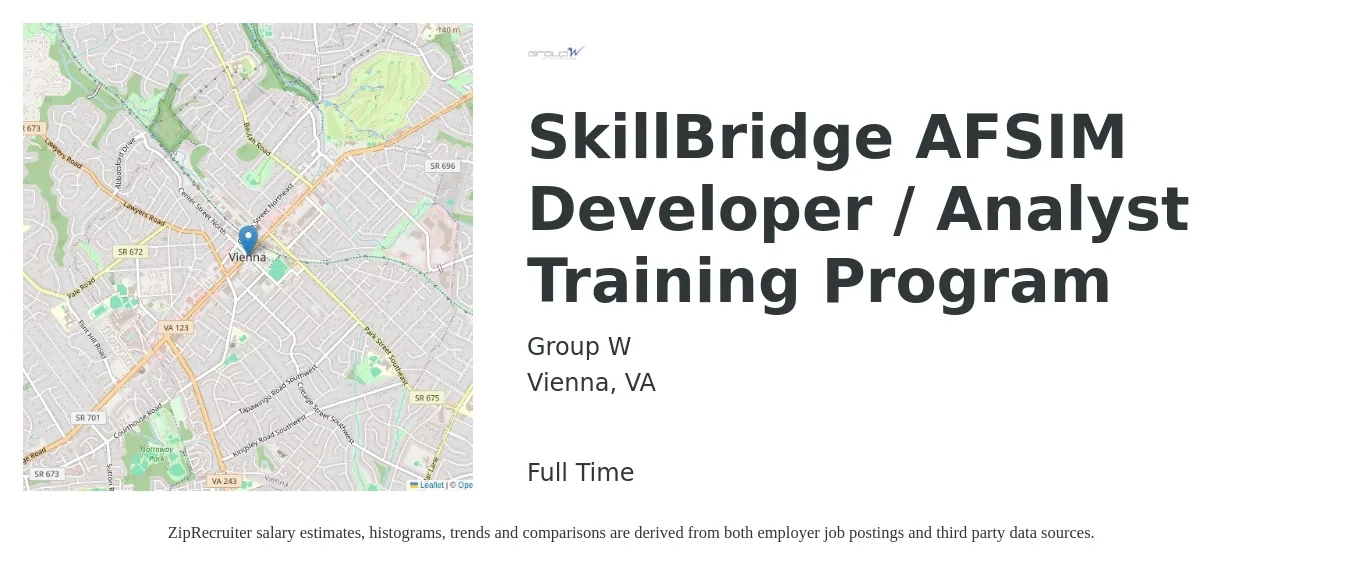 Group W job posting for a SkillBridge AFSIM Developer / Analyst Training Program in Vienna, VA with a salary of $61,200 to $94,800 Yearly with a map of Vienna location.