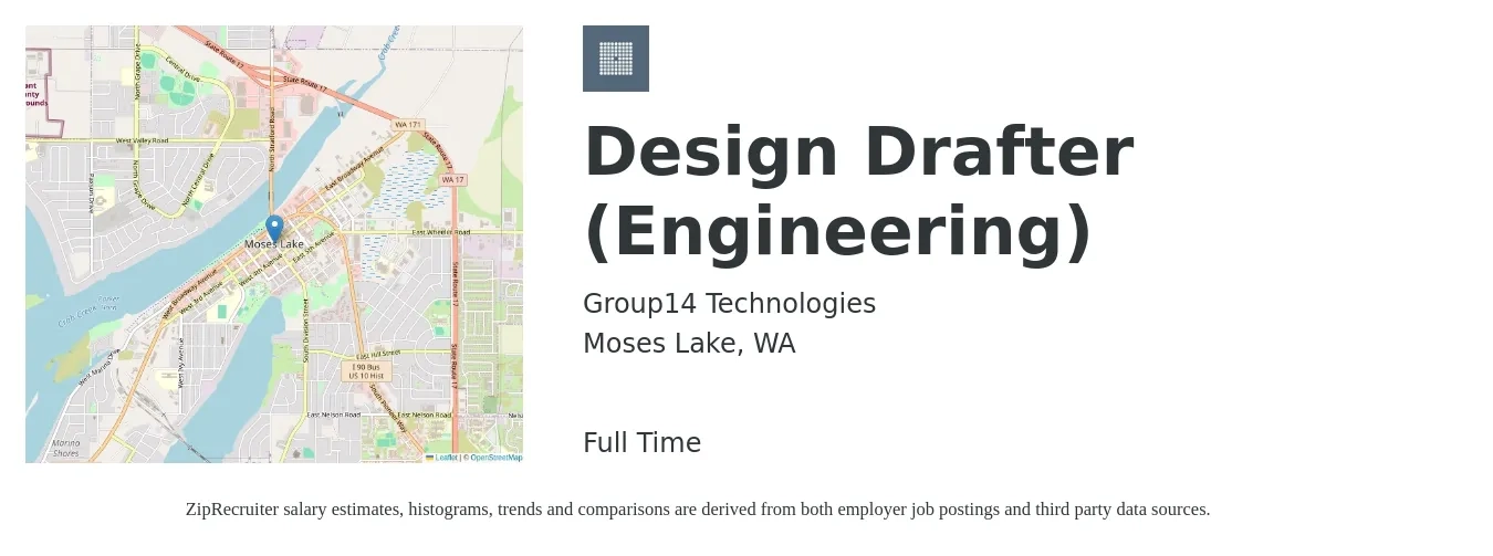 Group14 Technologies job posting for a Design Drafter (Engineering) in Moses Lake, WA with a salary of $35 to $39 Hourly with a map of Moses Lake location.