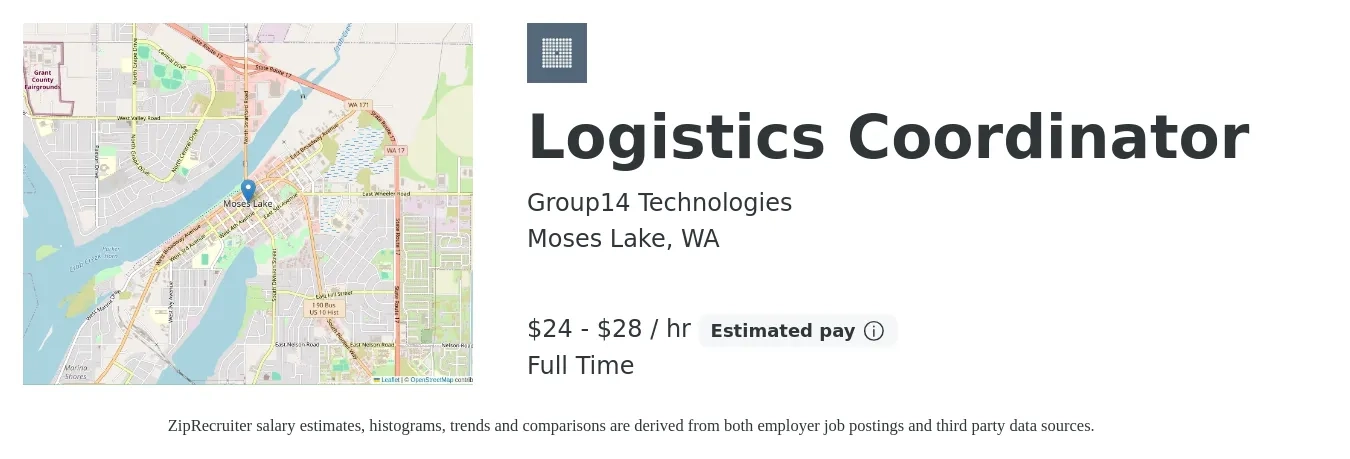 Group14 Technologies job posting for a Logistics Coordinator in Moses Lake, WA with a salary of $25 to $30 Hourly with a map of Moses Lake location.
