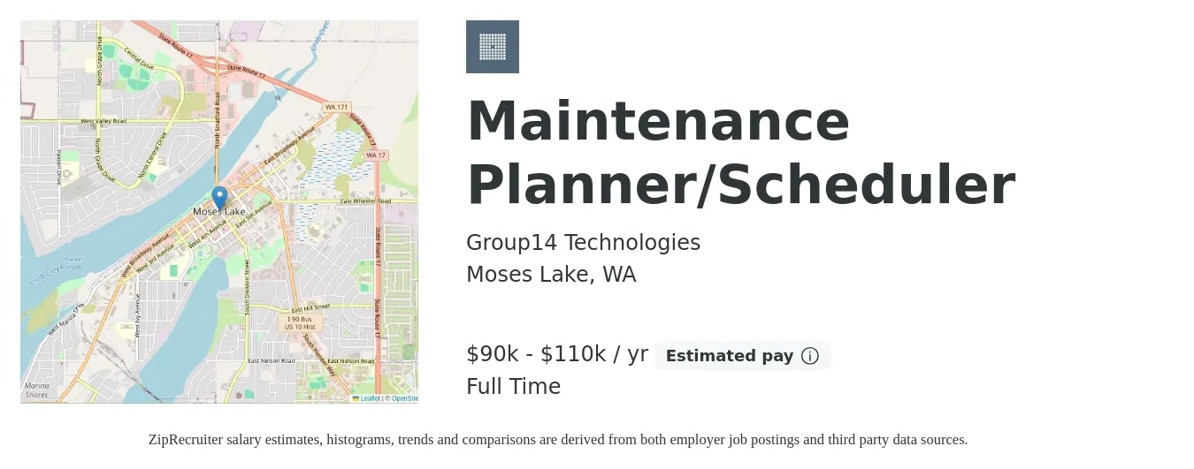 Group14 Technologies job posting for a Maintenance Planner/Scheduler in Moses Lake, WA with a salary of $90,000 to $110,000 Yearly with a map of Moses Lake location.