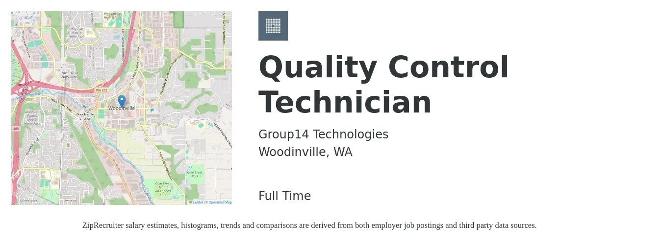 Group14 Technologies job posting for a Quality Control Technician in Woodinville, WA with a salary of $24 to $29 Hourly with a map of Woodinville location.