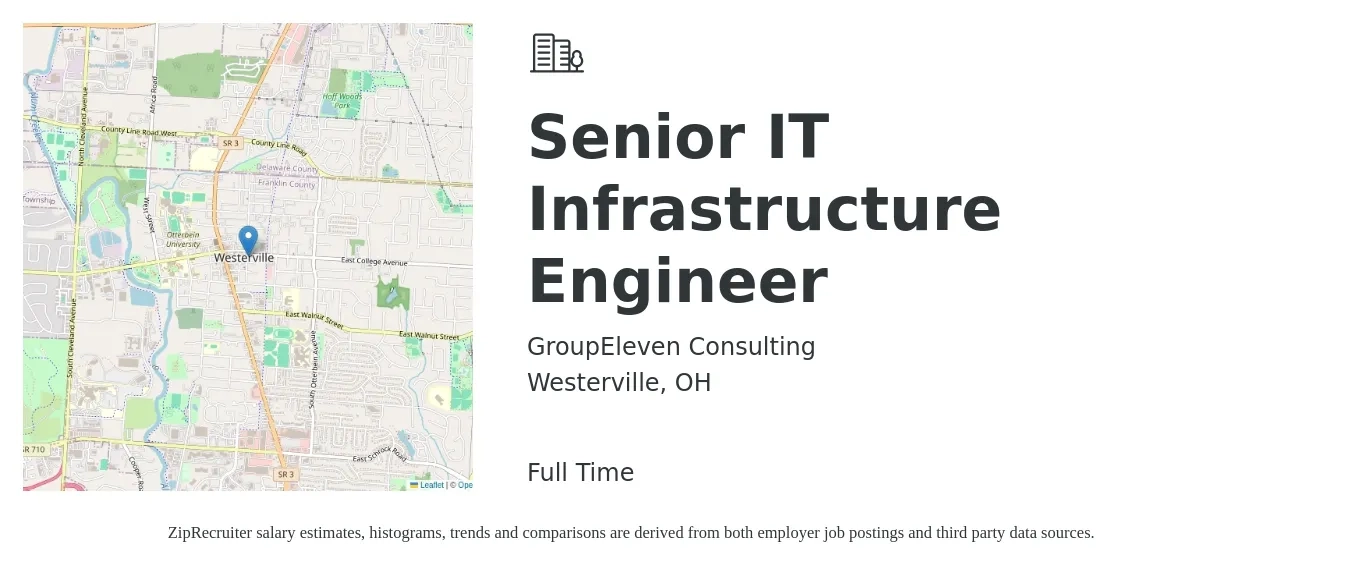 GroupEleven Consulting job posting for a Senior IT Infrastructure Engineer in Westerville, OH with a salary of $105,200 to $143,100 Yearly with a map of Westerville location.