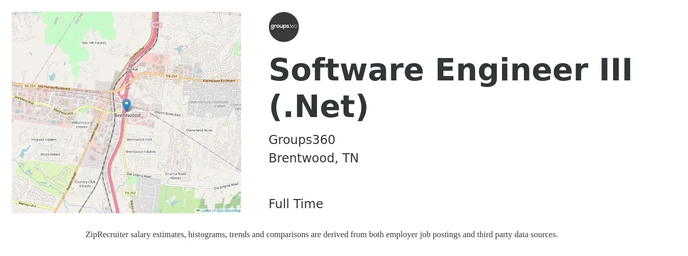 Groups360 job posting for a Software Engineer III (.Net) in Brentwood, TN with a salary of $94,600 to $124,400 Yearly with a map of Brentwood location.