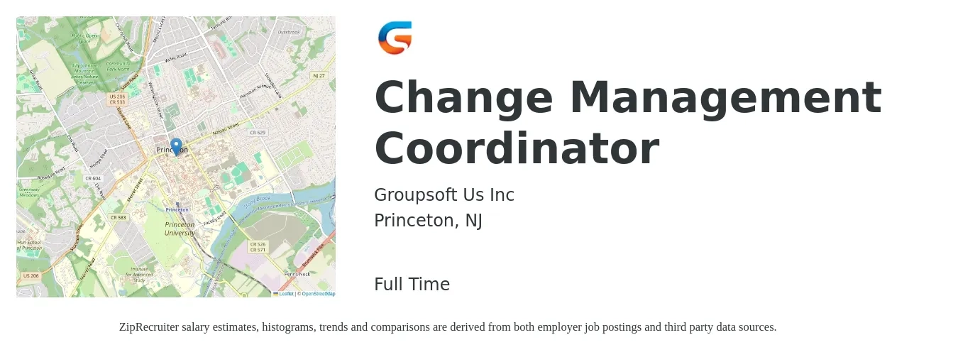 Groupsoft Us Inc job posting for a Change Management Coordinator in Princeton, NJ with a salary of $30 to $38 Hourly with a map of Princeton location.