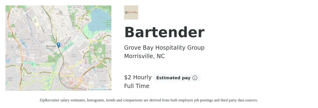 Grove Bay Hospitality Group job posting for a Bartender in Morrisville, NC with a salary of $2 Hourly with a map of Morrisville location.