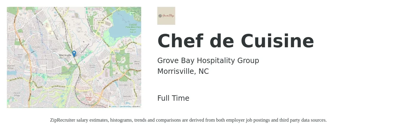 Grove Bay Hospitality Group job posting for a Chef de Cuisine in Morrisville, NC with a salary of $80,000 to $90,000 Yearly with a map of Morrisville location.