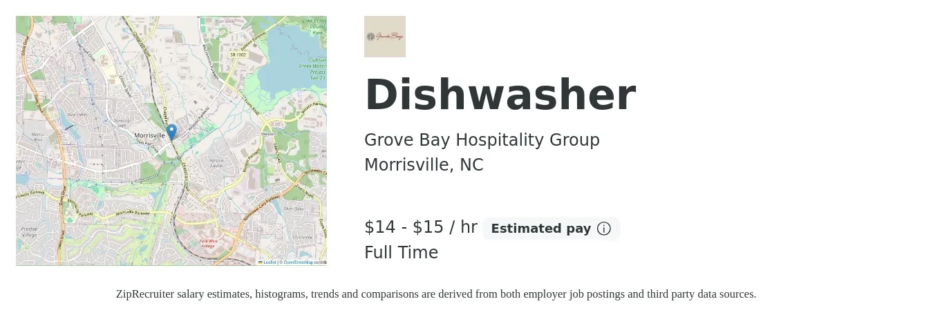 Grove Bay Hospitality Group job posting for a Dishwasher in Morrisville, NC with a salary of $15 to $16 Hourly with a map of Morrisville location.
