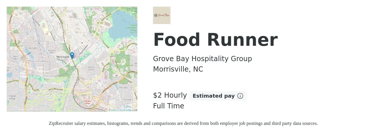 Grove Bay Hospitality Group job posting for a Food Runner in Morrisville, NC with a salary of $2 Hourly with a map of Morrisville location.