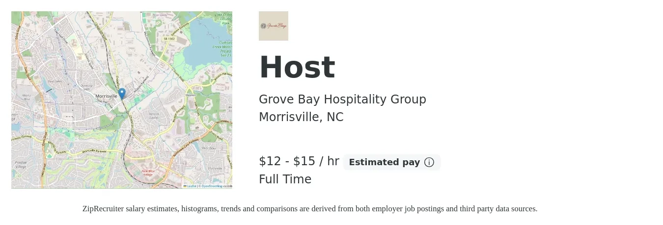 Grove Bay Hospitality Group job posting for a Host in Morrisville, NC with a salary of $13 to $16 Hourly with a map of Morrisville location.