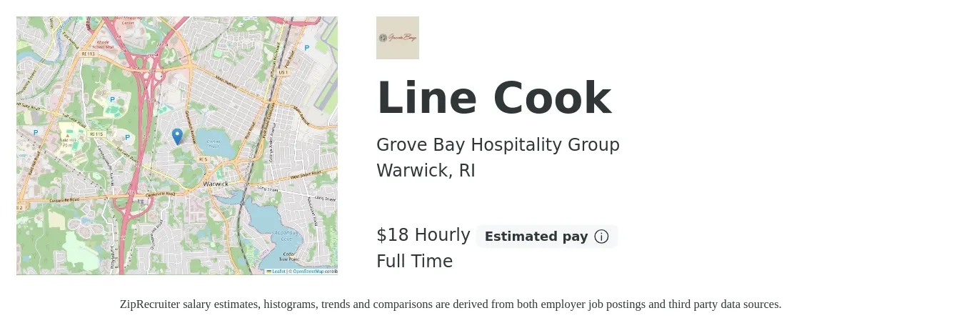 Grove Bay Hospitality Group job posting for a Line Cook in Warwick, RI with a salary of $19 Hourly with a map of Warwick location.