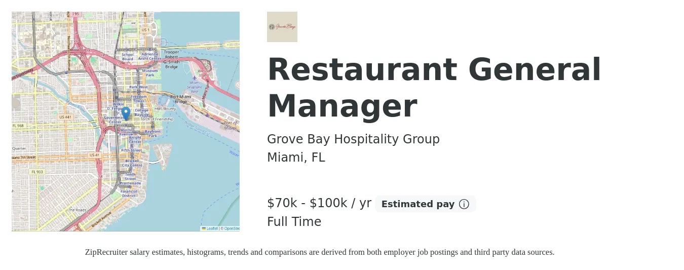 Grove Bay Hospitality Group job posting for a Restaurant General Manager in Miami, FL with a salary of $70,000 to $100,000 Yearly with a map of Miami location.