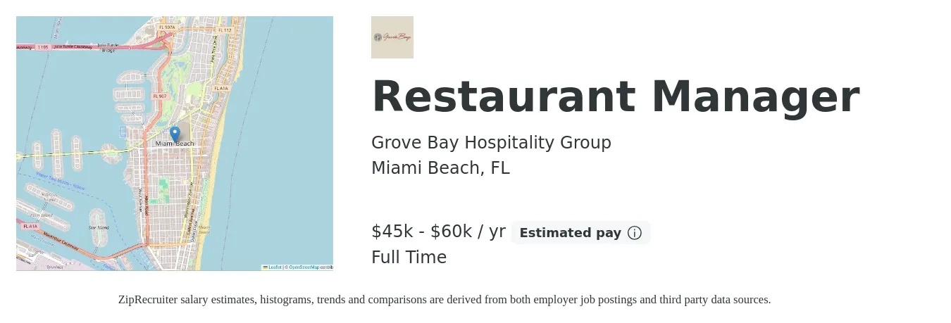 Grove Bay Hospitality Group job posting for a Restaurant Manager in Miami Beach, FL with a salary of $45,000 to $60,000 Yearly with a map of Miami Beach location.