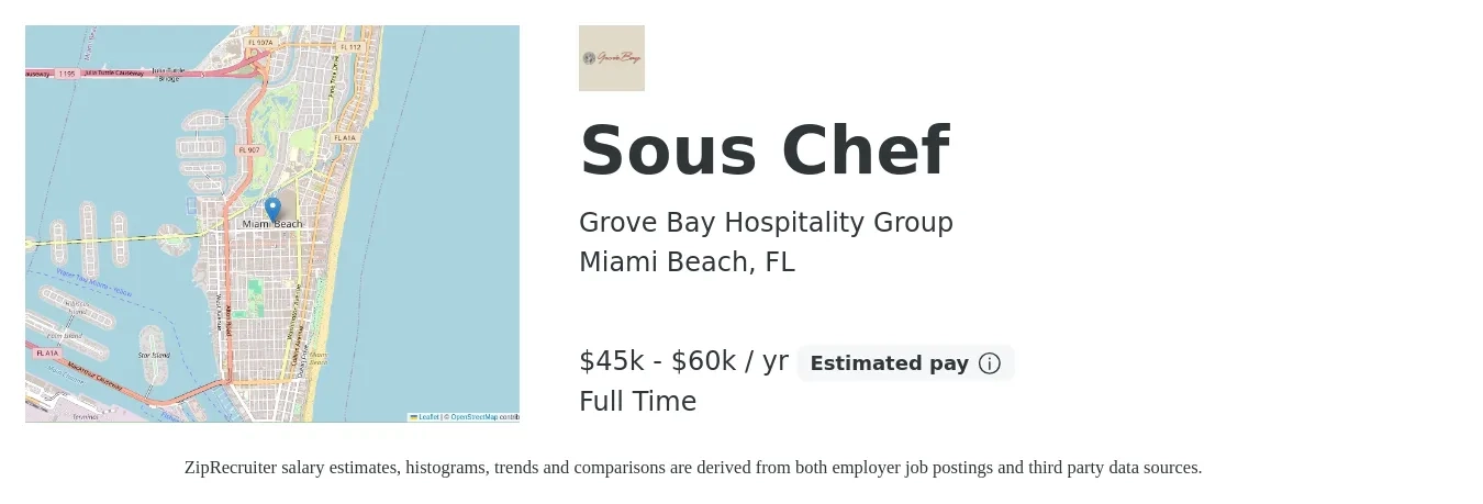 Grove Bay Hospitality Group job posting for a Sous Chef in Miami Beach, FL with a salary of $52,000 to $76,000 Yearly with a map of Miami Beach location.