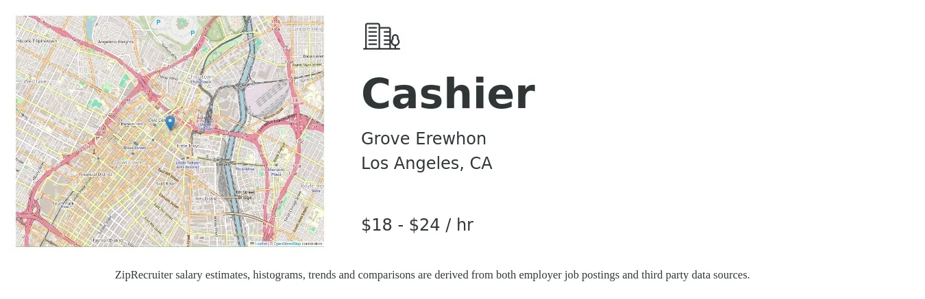 Grove Erewhon job posting for a Cashier in Los Angeles, CA with a salary of $19 to $25 Hourly with a map of Los Angeles location.