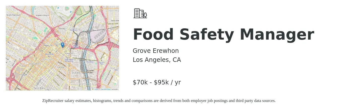 Grove Erewhon job posting for a Food Safety Manager in Los Angeles, CA with a salary of $70,000 to $95,000 Yearly with a map of Los Angeles location.