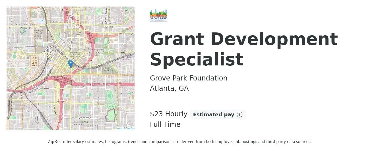 Grove Park Foundation job posting for a Grant Development Specialist in Atlanta, GA with a salary of $24 Hourly with a map of Atlanta location.