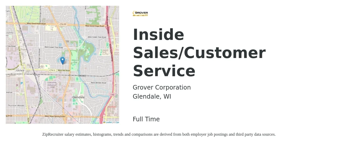 Grover Corporation job posting for a Inside Sales/Customer Service in Glendale, WI with a salary of $36,900 to $55,100 Yearly with a map of Glendale location.