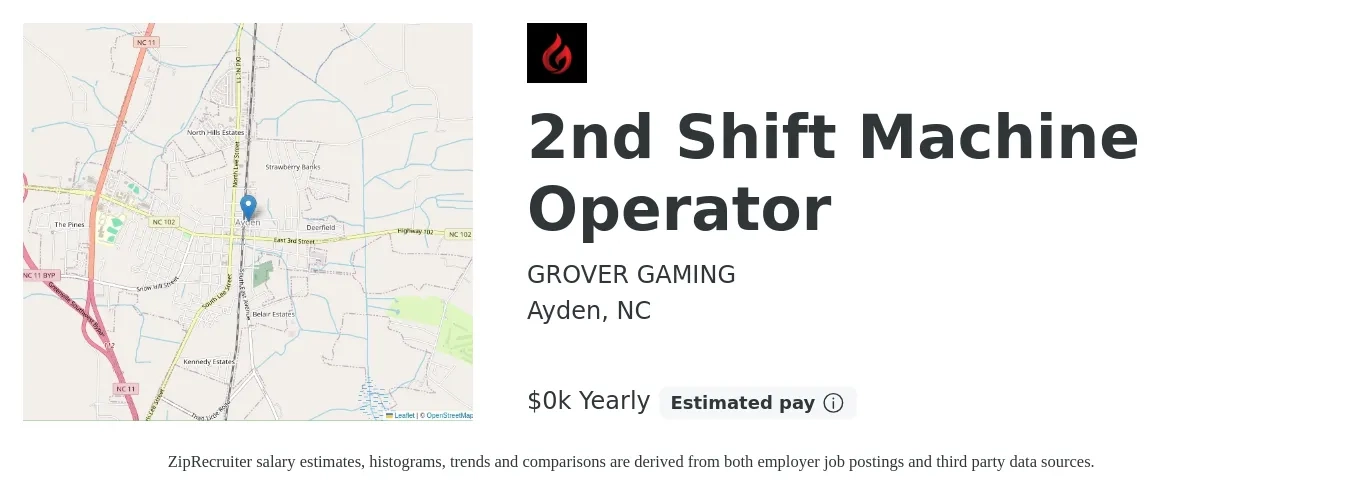 GROVER GAMING job posting for a 2nd Shift Machine Operator in Ayden, NC with a salary of $17 to $21 Yearly with a map of Ayden location.