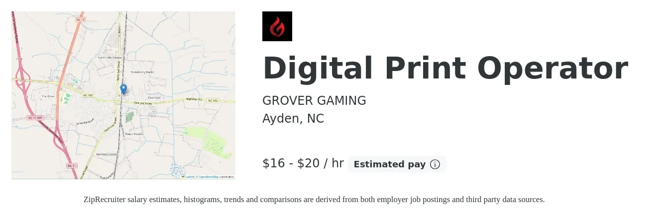 GROVER GAMING job posting for a Digital Print Operator in Ayden, NC with a salary of $17 to $21 Hourly with a map of Ayden location.