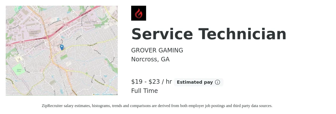 GROVER GAMING job posting for a Service Technician in Norcross, GA with a salary of $20 to $24 Hourly with a map of Norcross location.