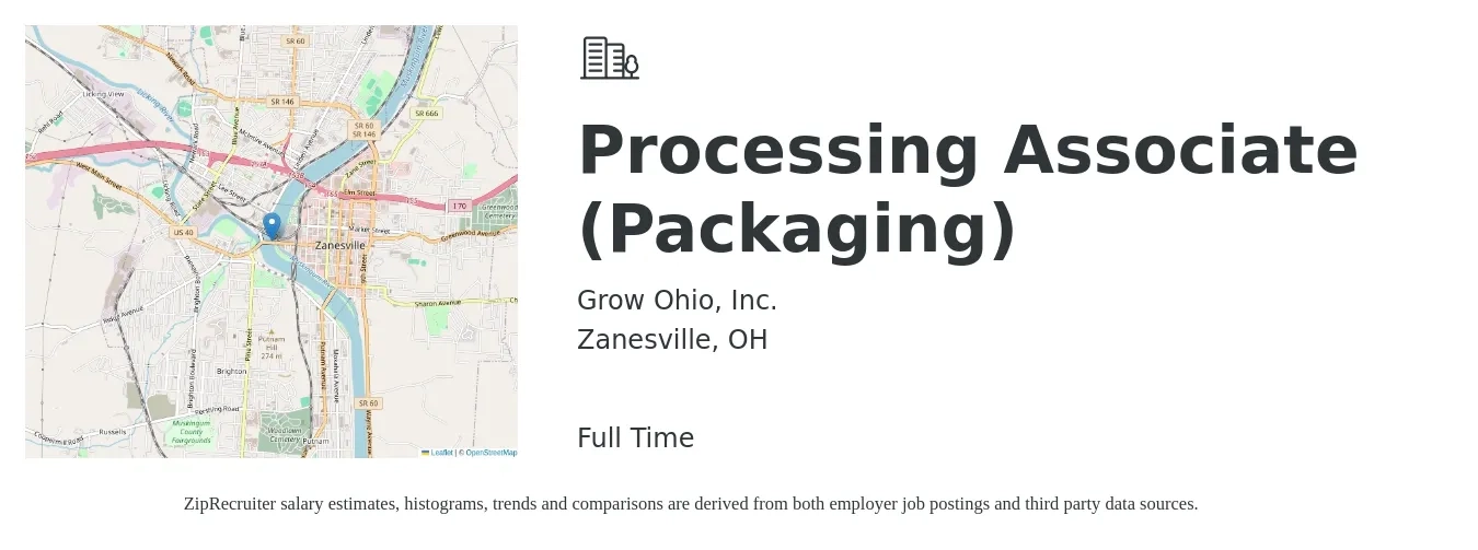 Grow Ohio, Inc. job posting for a Processing Associate (Packaging) in Zanesville, OH with a salary of $12 to $20 Hourly with a map of Zanesville location.