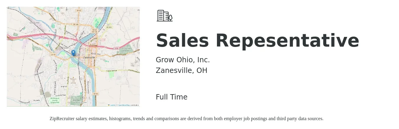 Grow Ohio, Inc. job posting for a Sales Repesentative in Zanesville, OH with a salary of $49,600 to $86,200 Yearly with a map of Zanesville location.