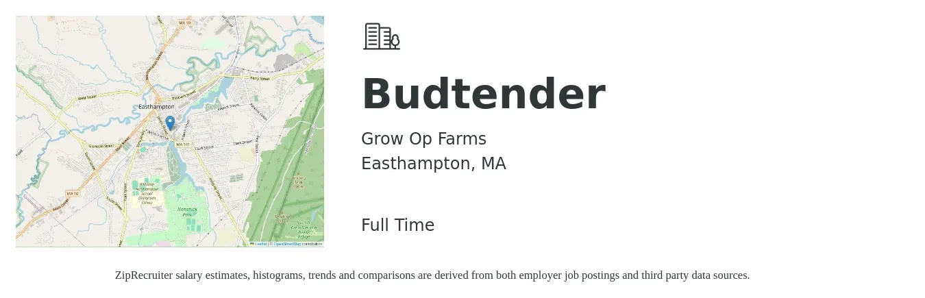 Grow Op Farms job posting for a Budtender in Easthampton, MA with a salary of $17 Hourly with a map of Easthampton location.