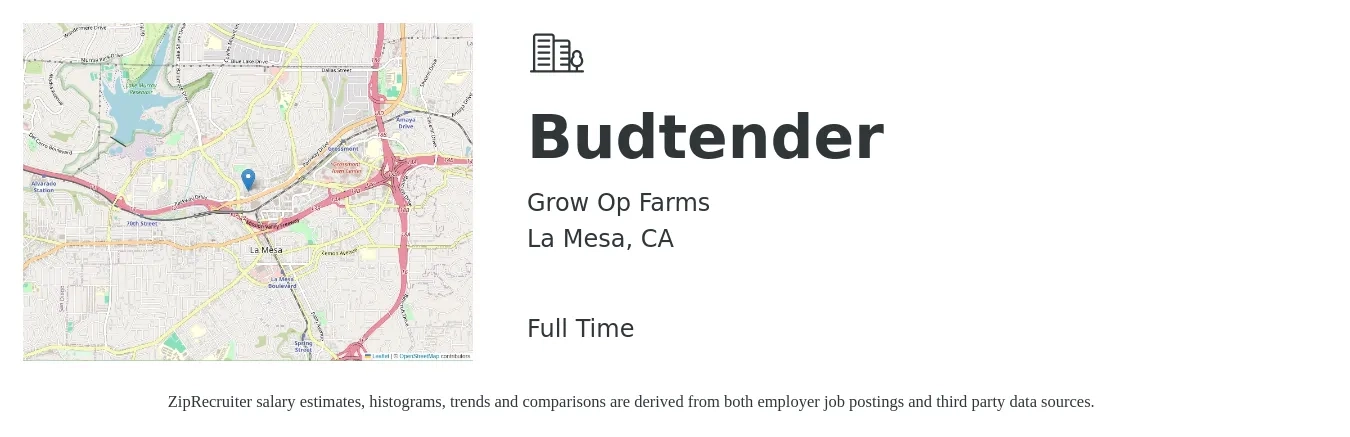 Grow Op Farms job posting for a Budtender in La Mesa, CA with a salary of $16 Hourly with a map of La Mesa location.