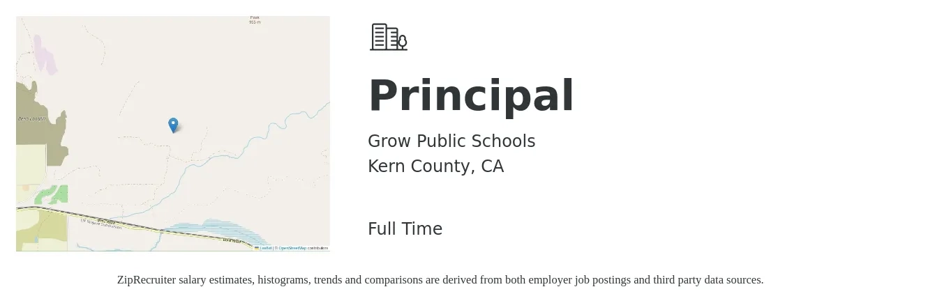 Grow Public Schools job posting for a Principal in Kern County, CA with a salary of $130,000 to $170,000 Yearly with a map of Kern County location.