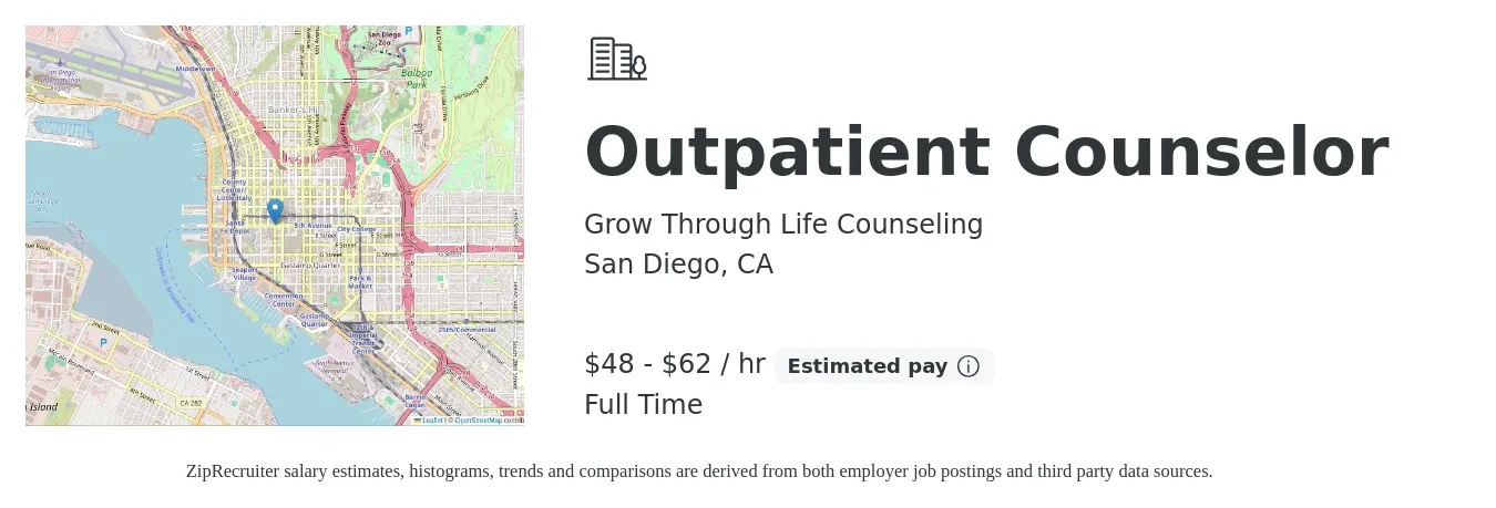 Grow Through Life Counseling job posting for a Outpatient Counselor in San Diego, CA with a salary of $50 to $65 Hourly with a map of San Diego location.