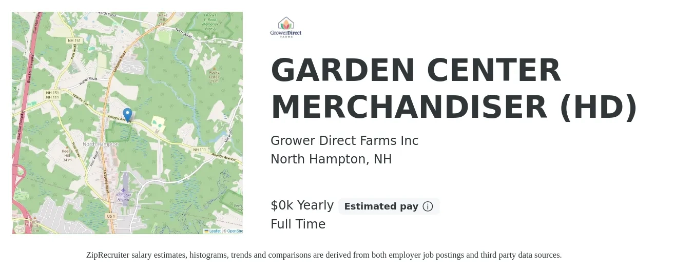Grower Direct Farms Inc job posting for a GARDEN CENTER MERCHANDISER (HD) in North Hampton, NH with a salary of $16 to $18 Yearly with a map of North Hampton location.