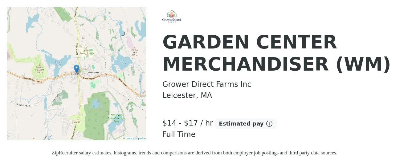 Grower Direct Farms Inc job posting for a GARDEN CENTER MERCHANDISER (WM) in Leicester, MA with a salary of $15 to $18 Hourly with a map of Leicester location.