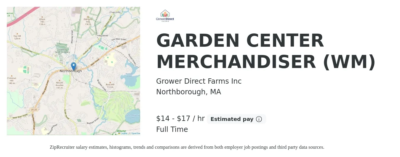 Grower Direct Farms Inc job posting for a GARDEN CENTER MERCHANDISER (WM) in Northborough, MA with a salary of $15 to $18 Hourly with a map of Northborough location.