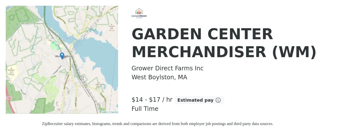 Grower Direct Farms Inc job posting for a GARDEN CENTER MERCHANDISER (WM) in West Boylston, MA with a salary of $15 to $18 Hourly with a map of West Boylston location.