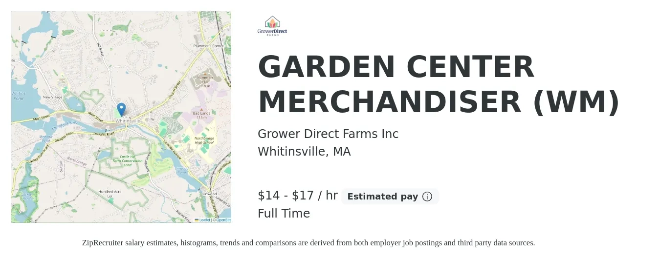 Grower Direct Farms Inc job posting for a GARDEN CENTER MERCHANDISER (WM) in Whitinsville, MA with a salary of $15 to $18 Hourly with a map of Whitinsville location.