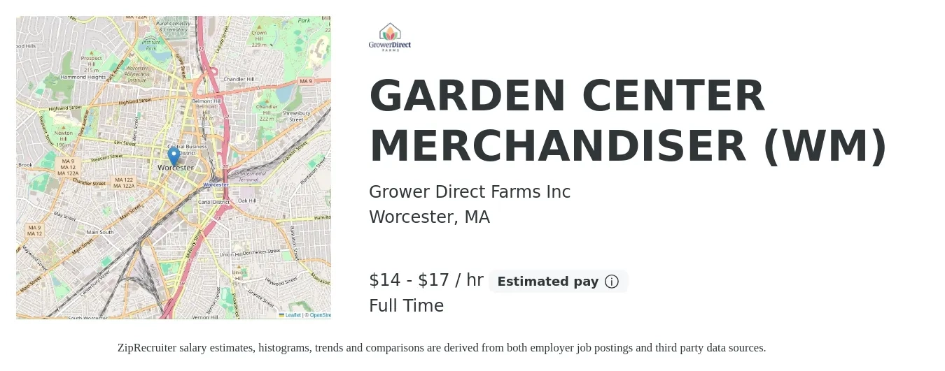 Grower Direct Farms Inc job posting for a GARDEN CENTER MERCHANDISER (WM) in Worcester, MA with a salary of $15 to $18 Hourly with a map of Worcester location.
