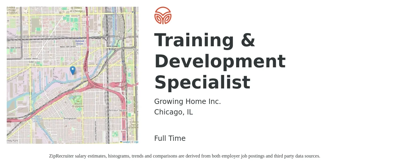 Growing Home Inc. job posting for a Training & Development Specialist in Chicago, IL with a salary of $40,000 Yearly with a map of Chicago location.
